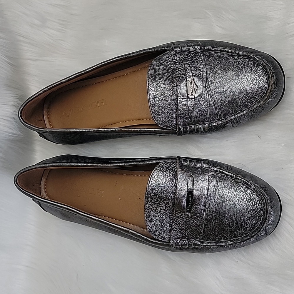 COACH Penny Metallic Gunmetal Pebble Leather Preppy Classic Penny Loafers‎ 9.5 - Picture 2 of 11